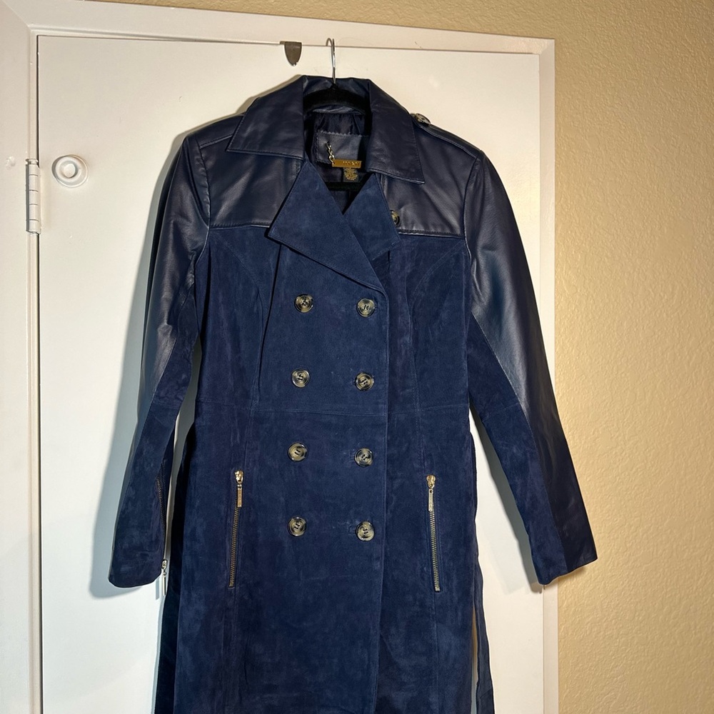 Women's Navy Blue Double-Breasted Coat suede and leather.